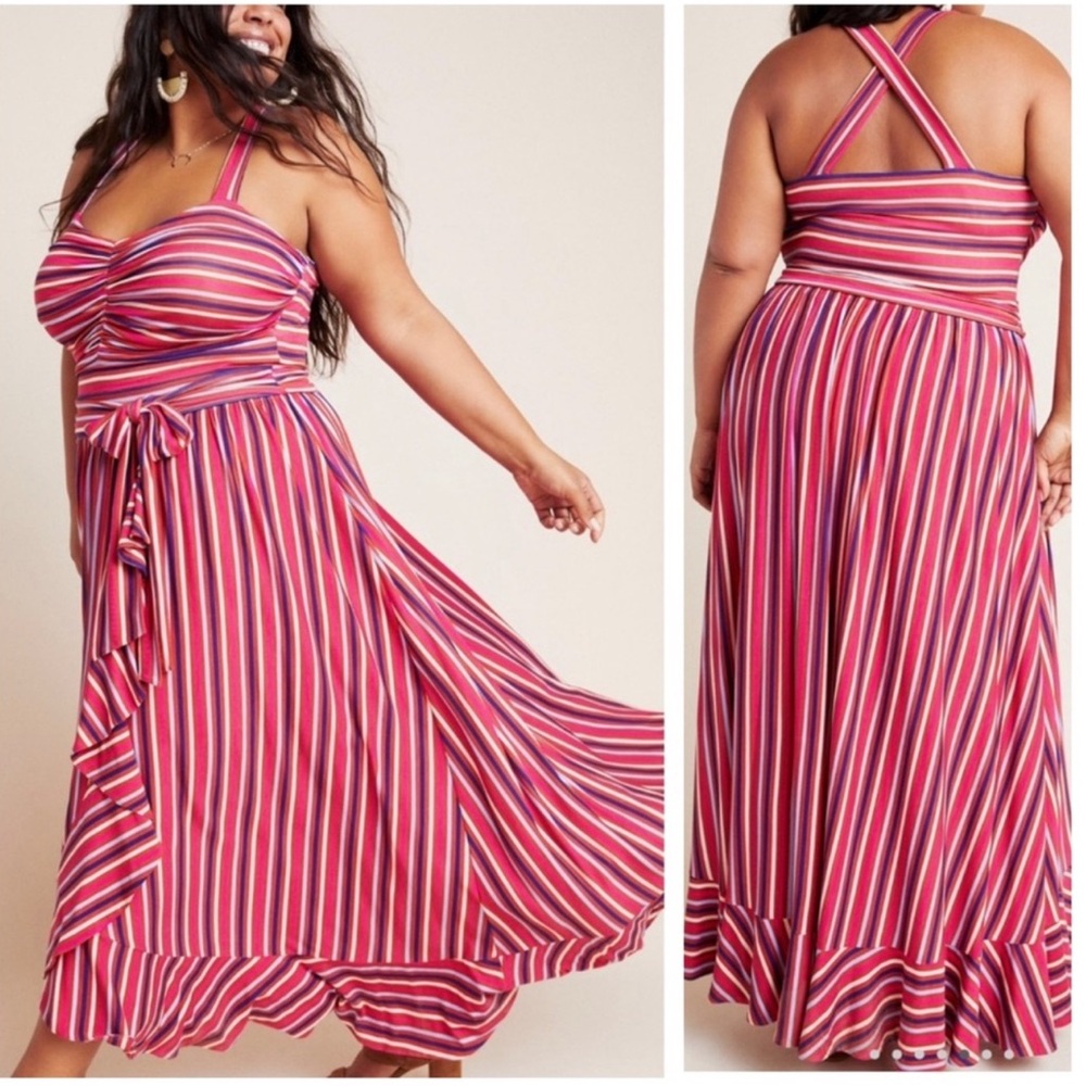 ⬇️Anthropologie+ Maeve Pink Striped Maxi A-Line Dress with Tie Front